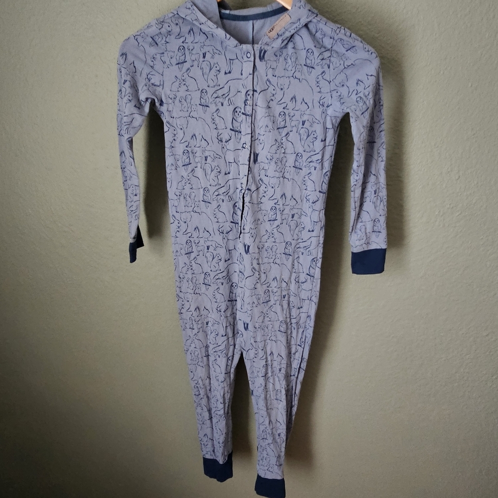 UGG Rascal Kids Onepiece Sleeper Sz 6/8 Blue Snap Button Hooded Eoodland Animals